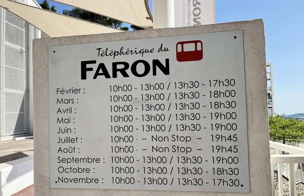 Mont Faron cable car timetable