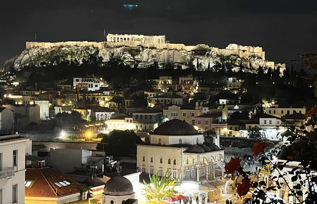 View of Acropolis from rooftop bar on Monastiraki Square